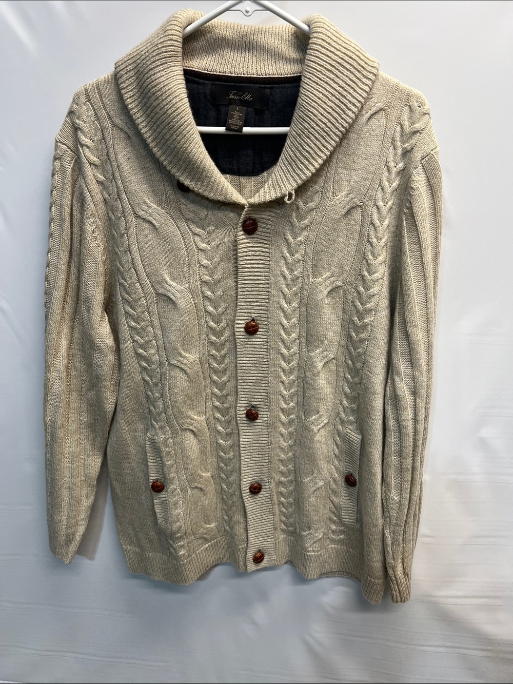 Tasso Elba Men’s Large Cable Knit Shawl Collar Wool Blend Cardigan Beige